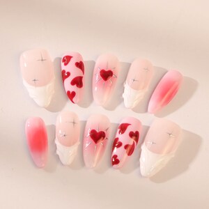 Handmade Heart Press On Nails: Long Almond Style, Party Nails