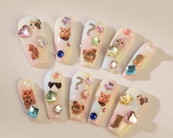 Handmade Press On Nails: Japanese Y2K Cat Almond Nails