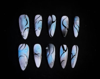 Ombre Blue Black Press On Nails: Y2k Gothic Punk Handmade Nails