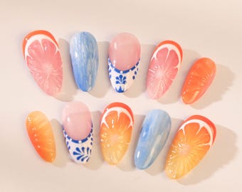 Hand-Painted Fruity Press On Nails: Summer Orange Crystal Nail Art