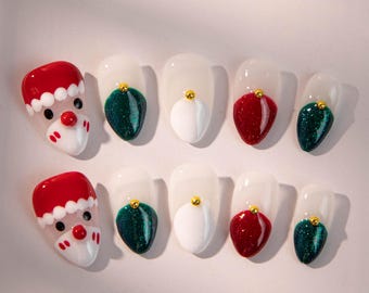 Press on nails / Weihnachtsmann lackierte Nägel / Rote und grüne falsche Nägel / Süße kurze Nägel / Weihnachtsgeschenk