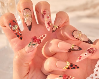 Butterfly Petal Nails/Cherry Sweetheart Nails/y2k Nails/Almond nails/Hand painted nails