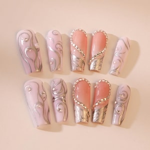 Uñas postizas hechas a mano: almendra larga, copos japoneses, uñas de boda