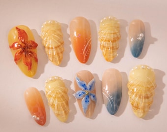 ブループルメリア 3D プレスオンネイル – 貝殻スパークル | CHICNAILS