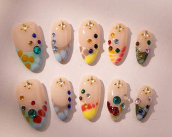 Rainbow Rhinestone Press On Nails: Colorful French Smudge Design