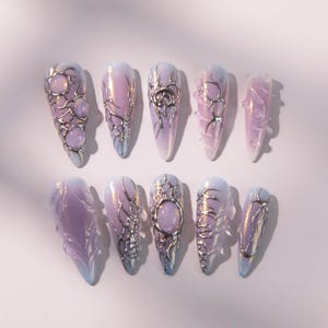 Hand-Painted Purple Gradient Press On Nails: Silver Chrome Y2K Gothic