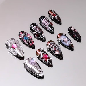 Hand Painted Butterfly Press On Nails: Y2K Almond Nail Art