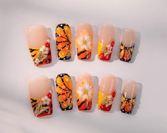 Hand Painted Fish Design Press On Nails: Short Almond Reusable Fake Nails