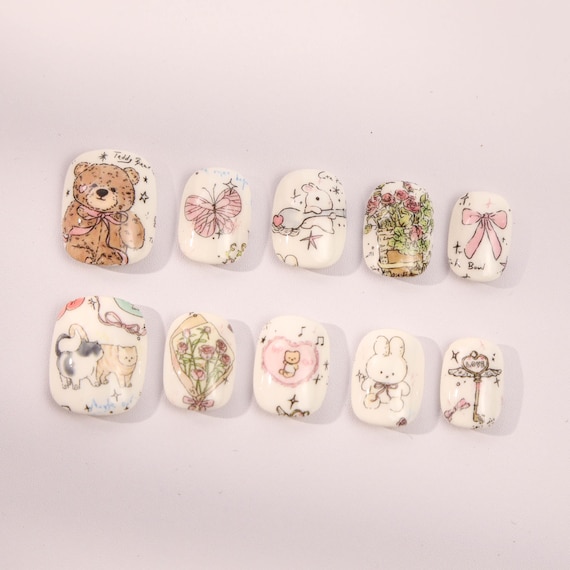 Hand Painted Kawaii Bear Short Oval Press On Nails/Butterfly & Bows Press On Nails/Fairy Heart Nails/Y2k Nails/Cute Nails