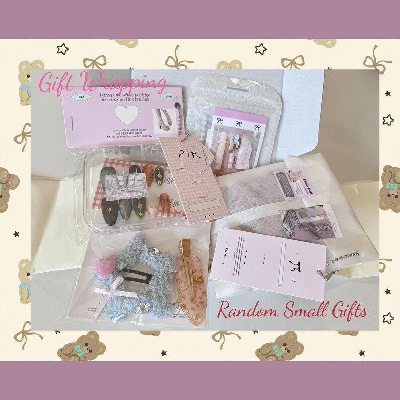 May include: A gift wrapping package containing a selection of small gifts, including a blue fluffy hair clip, a clear plastic bag with nail art, and a pink and white card that reads "Random Small Gifts".