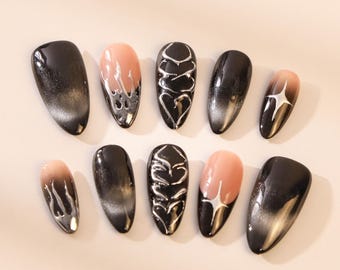 Uñas postizas góticas de almendra hechas a mano: diseño de uñas en escamas japonesas