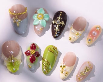 3D Pearl Flower Fake Nails | Luxe Gold Accent Press On Nails | Elegant Art Nails for Women | Vintage Aesthetic Gold Nail Set