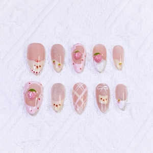 Hand painted 3D strawberry press on nails/Cute Bear Nails/party press on nails/Flakes for nails/wedding nails gift/Japanese nails