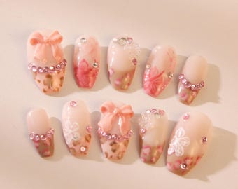 Rosa Perlennägel/Stilvolle Leopardennägel/Süße Bogennägel/Gelnägel/Geschenknägel/aufbügelnägel