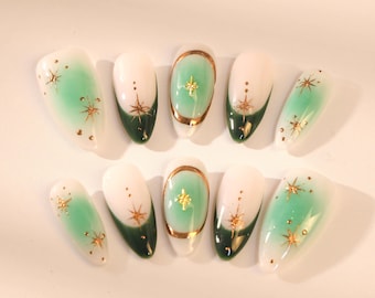 Handmade Green Almond Press On Nails: Gold Flake Party Nails