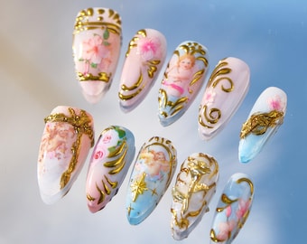 Uñas postizas de querubín vintage, diseño de ángel con relieve dorado, uñas hechas a mano de inspiración rococó