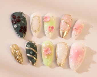 Handmade Floral Press On Nails: Japanese Almond Long Nails