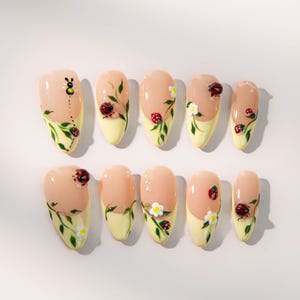 Hand Painted Bees, Ladybugs & Strawberries Press On Nails / 3D Garden Nails /Cute Nails /Y2k Nails