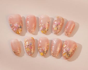 Handmade Japanese Floral Press On Nails: 3D Cat-Eye Coated Short Nails