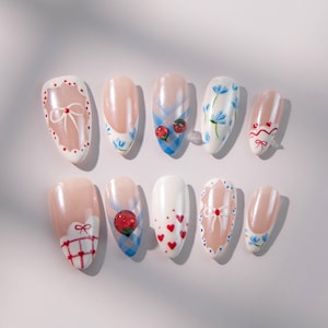 Handmade Strawberry Picnic Press On Nails: Blue Checkered Bow Nail Art