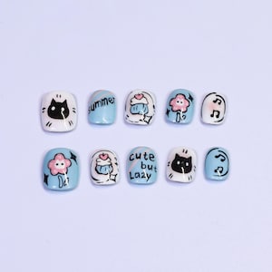 Handmade Press On Nails: Cat Design, Y2K Style, Long Almond Nails