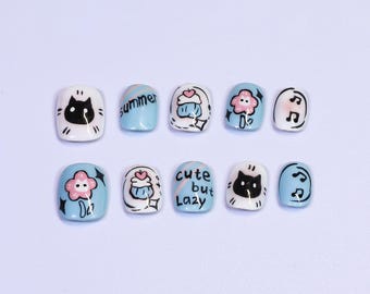 Handmade Press On Nails: Cat Design, Y2K Style, Long Almond Nails