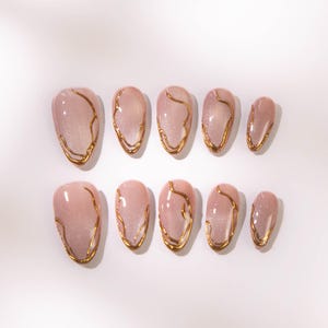 Simple pink cat&#39;s eye with gold chrome/Special wedding nails/custom press on nails/Pink summer nails for Birthday Vacation Holiday