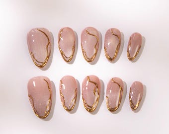 Pink Cat Eye Press On Nails: Gold Chrome Wedding Nails