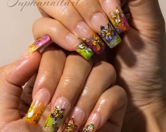 Floral Press On Nails, Handmade Short Almond Press On Nails, Colorful Gold Flower Nails, Reusable Press Ons,Unique Nails,Gift For Her