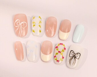Handmade Press On Nails: Floral Bow Almond Gel Nails