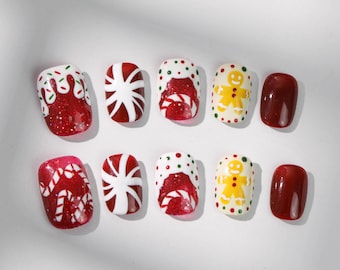 Weihnachten Drücken Sie auf die Nägel | Rote Glitzer Lebkuchen Zuckerstange Nägel | Urlaub Fake Nägel | Niedliche Weihnachtsnagelkunst | Wiederverwendbare Kurze Nägel Geschenk