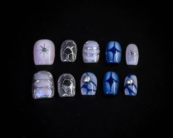 Hand Painted Silver Press On Nails: Short Square Party Nails