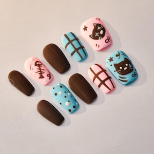 Hand Painted Cat Press On Nails: Y2K Flakes, Almond Short Nails