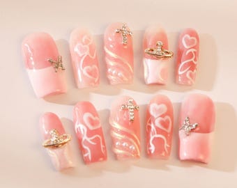 Pink Heart Nails/Sweet Style Nails/Pink Elegant Nails/Gel nails/gift nails/press-on nails