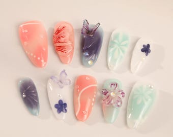 custom press on nails/party press on nails/Flakes for nails/wedding nails gift/Japanese nails/Long nails/Almond nails