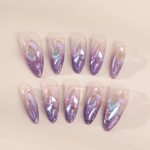 Amethyst Flake Press On Nails: Long Almond, Handmade Gel Nails