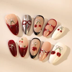 Handmade Cherry Almond Press On Nails: Y2K Party Nails