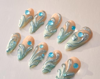 Hand-Painted 3D Chrome Press-On Nails: Gothic Almond Long Nails