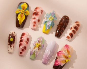 3D Colorful hawaiian flower nails/Handmade imitation flower-shaped nail art/Summer press on nails/Beach fake nails
