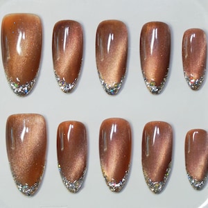 Shiny French Tip Press On Nails: Almond Long Nails with Flakes