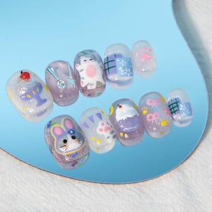 Cat and Cat Paw Nails/small cake nails/bow pattern nails/cute nails/hand painted nails/birthday nails