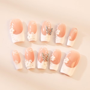 Handmade Press On Nails: Butterfly French Tip, Almond Long Nails