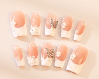 Handmade Press On Nails: Butterfly French Tip, Almond Long Nails