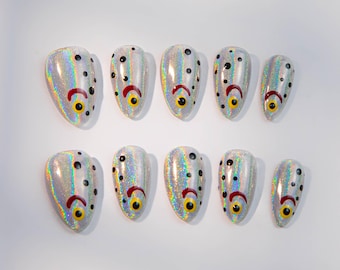 Laser Fishing Press-On Nails: Rainbow Chrome 3D Nail Art