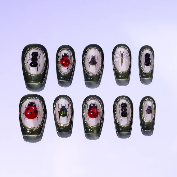 Hand-painted nails |Party nails |Bug Gallery press on nails |Hand-painted 3D insect nails |Ant press on  Nails |short nails |y2k nails