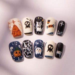 3D Hand-Painted Halloween Press On Nails: Ghost, Spider Queen, Gothic Horror
