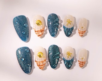 3D Starfish Shell Press On Nails: Ocean Beach Manicure Set
