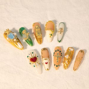 Uñas postizas de lujo pintadas a mano con diseño de joyería a presión/uñas postizas estilo retro Palace/uñas postizas para cumpleaños y vacaciones