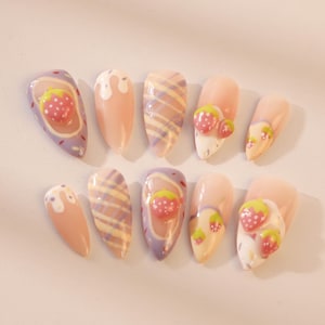 Kawaii Strawberry Nails/Strawberry with Cream Nails/Checkered Pastel Nails/y2k Nails/Almond nails/Hand painted nails