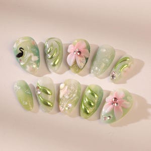Handmade Green Floral Press On Nails: Japanese Almond Long Nails